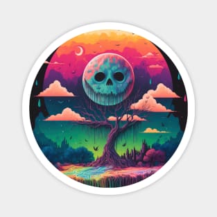 A Full Skull Moon Smiles Down On You - Psychedelic Landscape - Paint Dripping 3D Illustration - Colorful Haunted Nature Scene Magnet